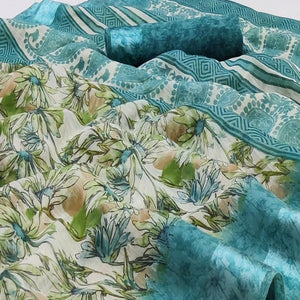 Blue Floral Digital Printed Pure Linen Saree Satin Border - Peachmode