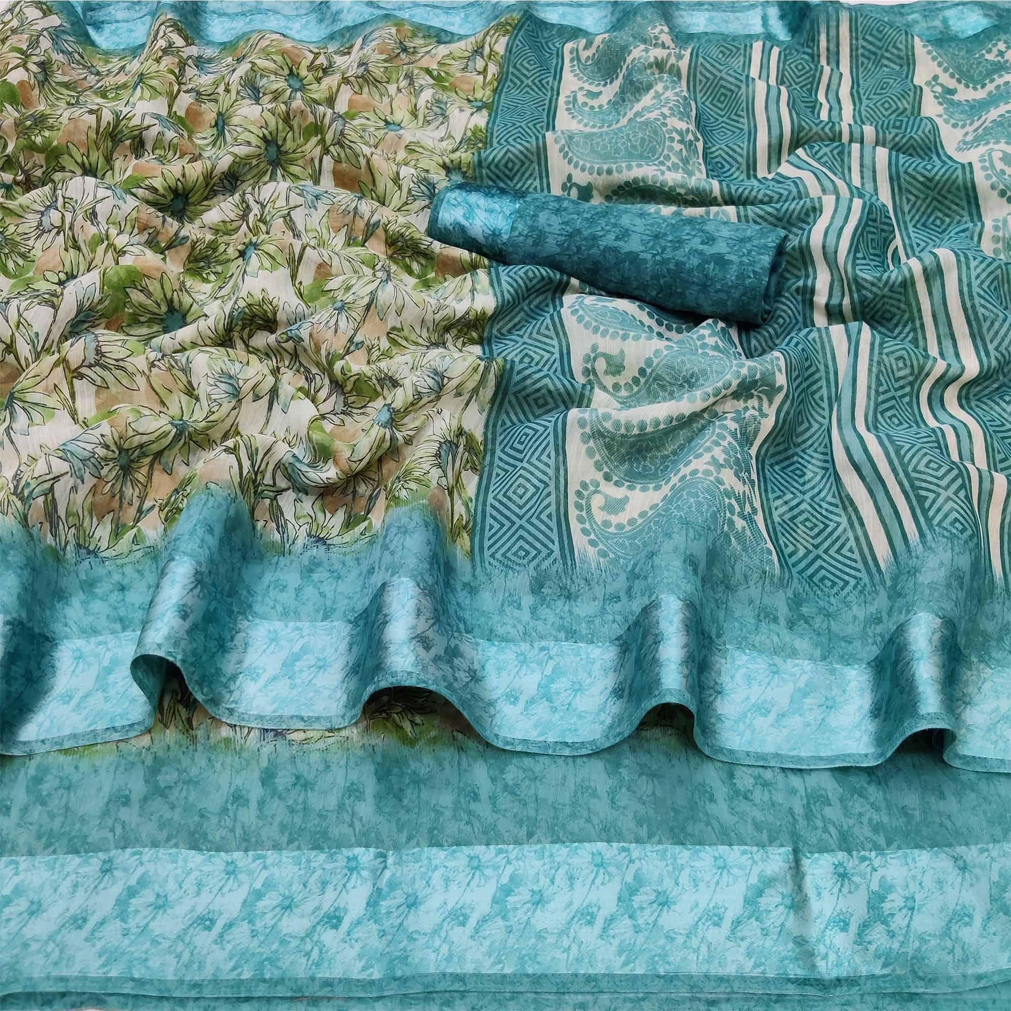 Blue Floral Digital Printed Pure Linen Saree Satin Border - Peachmode