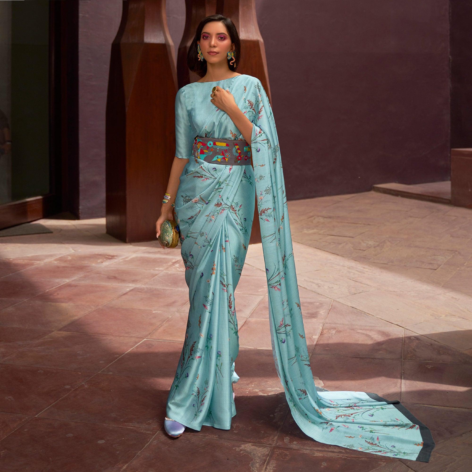 Blue Floral Digital Printed Satin Saree - Peachmode