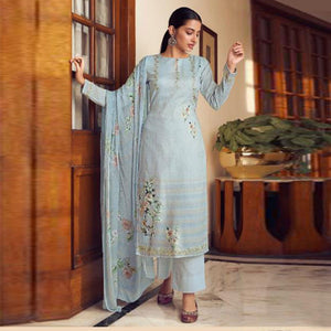 Blue Floral Digital Printed With Handwork Cambric Cotton Partywear Suit - Peachmode