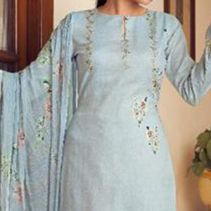 Blue Floral Digital Printed With Handwork Cambric Cotton Partywear Suit - Peachmode