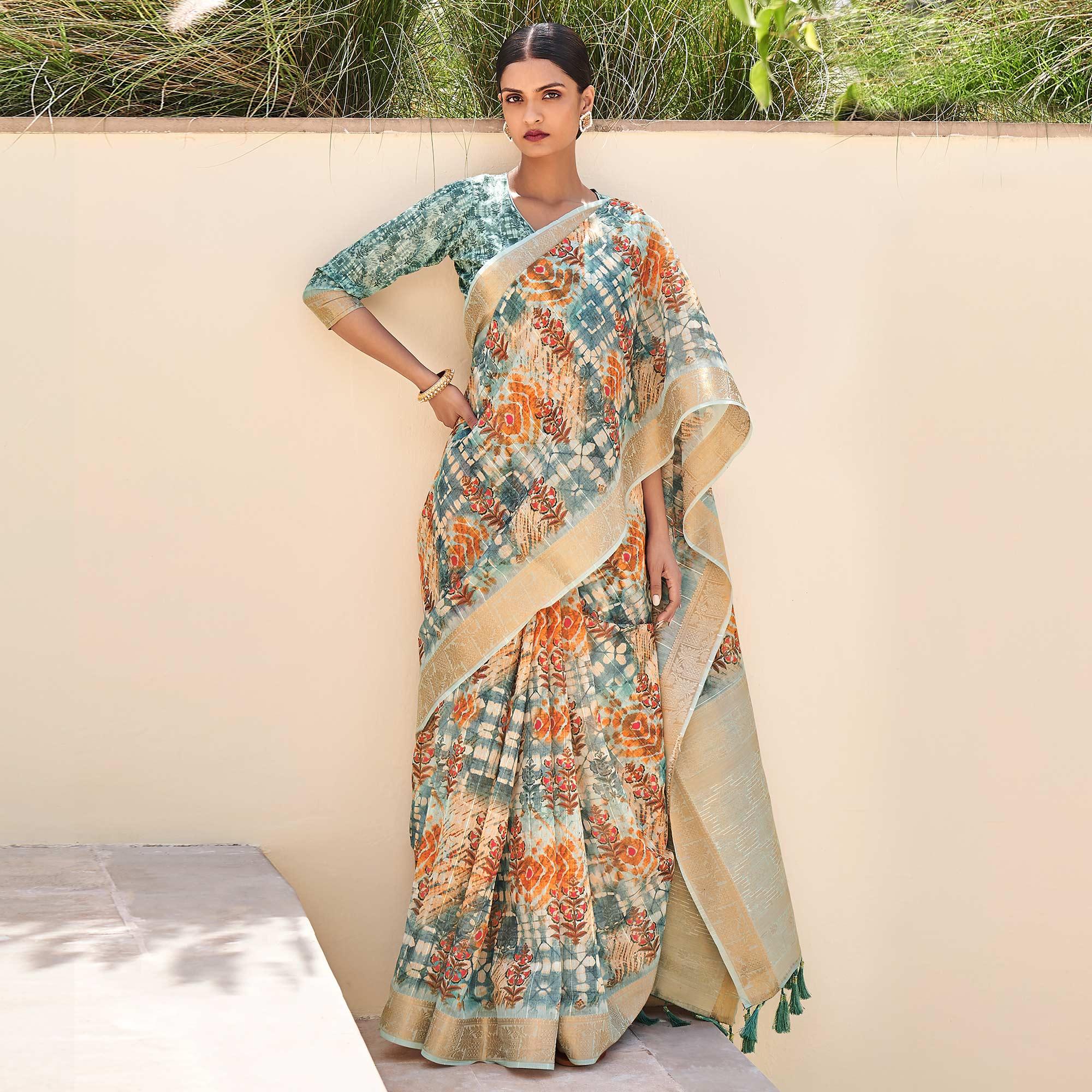 Blue Floral Digital Printed With Sequence Linen Saree - Peachmode