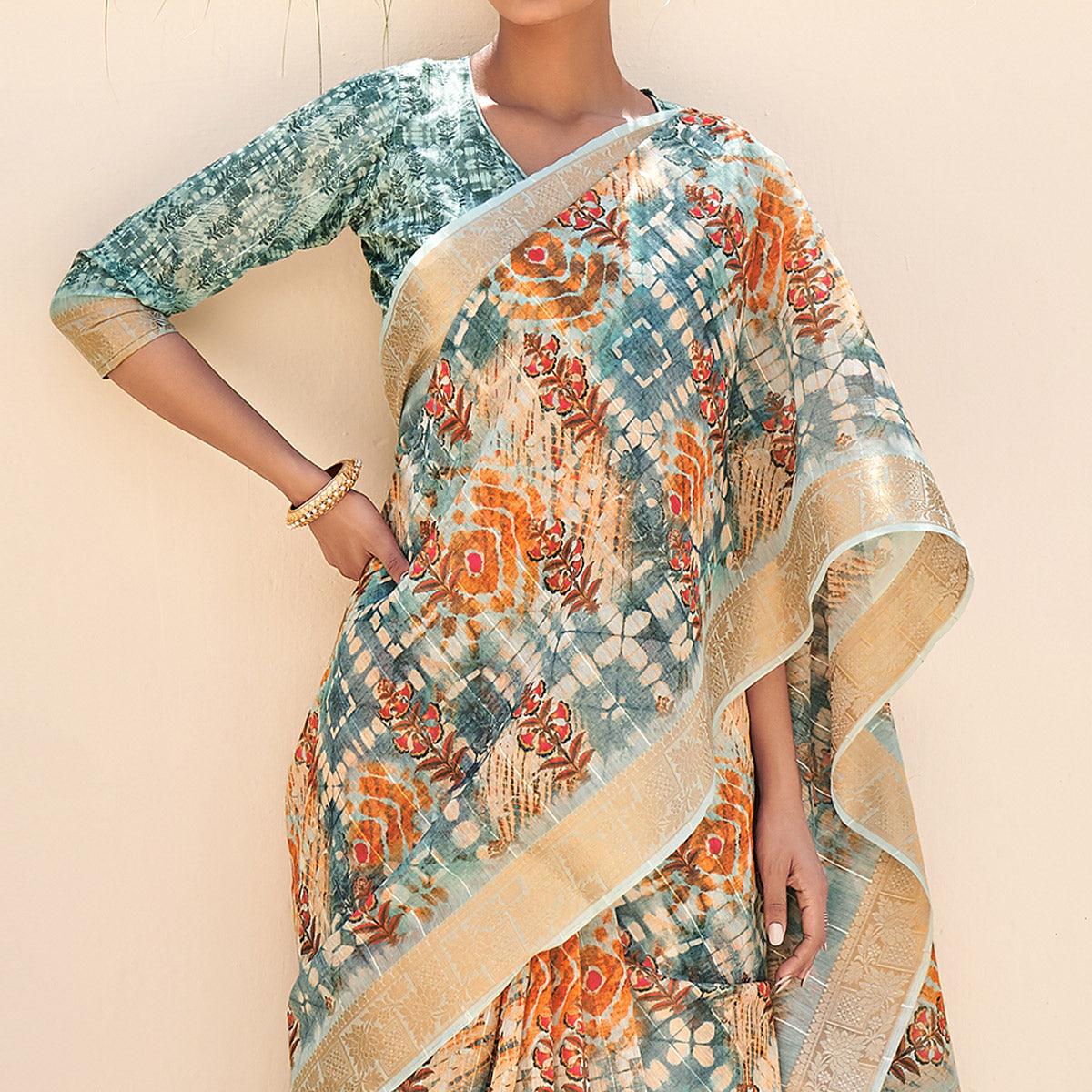 Blue Floral Digital Printed With Sequence Linen Saree - Peachmode