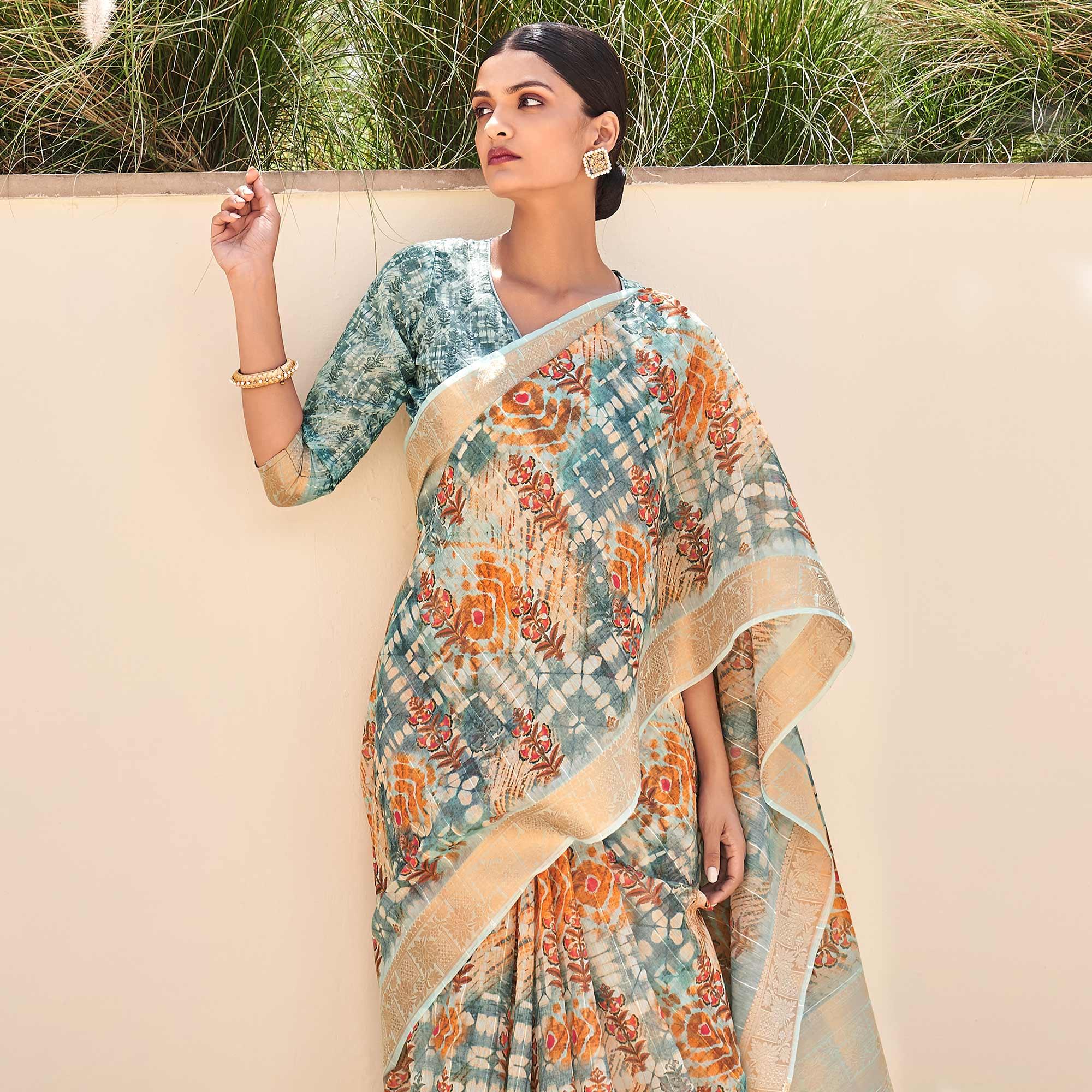 Blue Floral Digital Printed With Sequence Linen Saree - Peachmode