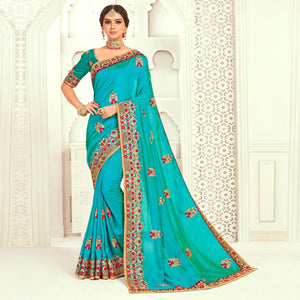 Blue Floral Embroidered Art Silk Saree - Peachmode