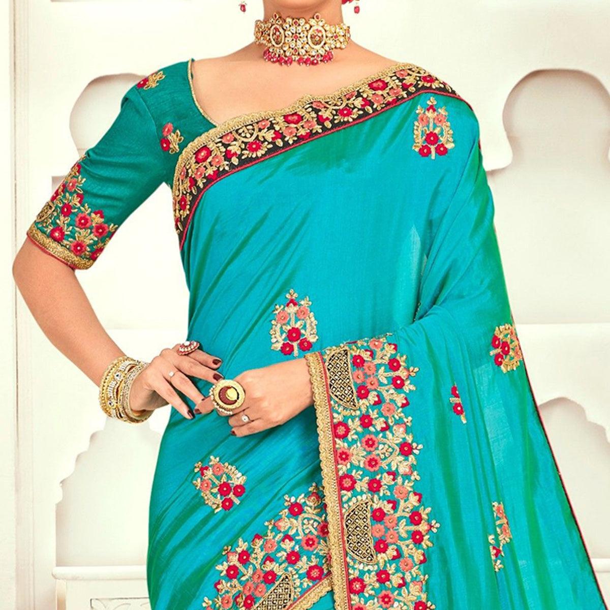 Blue Floral Embroidered Art Silk Saree - Peachmode