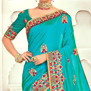 Blue Floral Embroidered Art Silk Saree - Peachmode