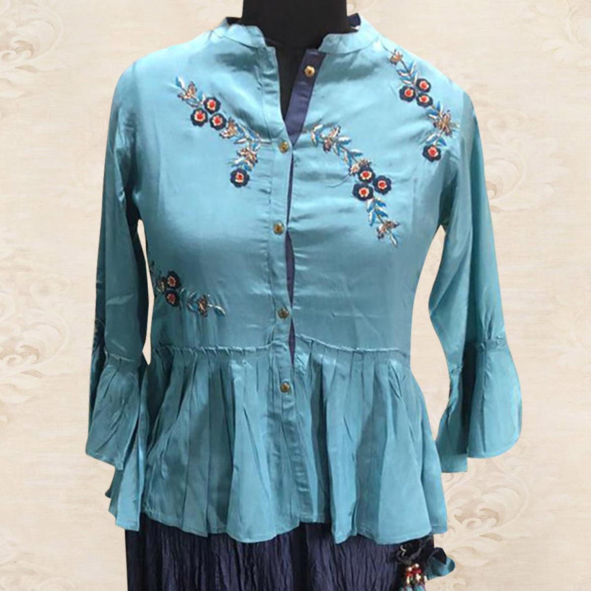 Blue Floral Embroidered Art Silk Skirt Top - Peachmode