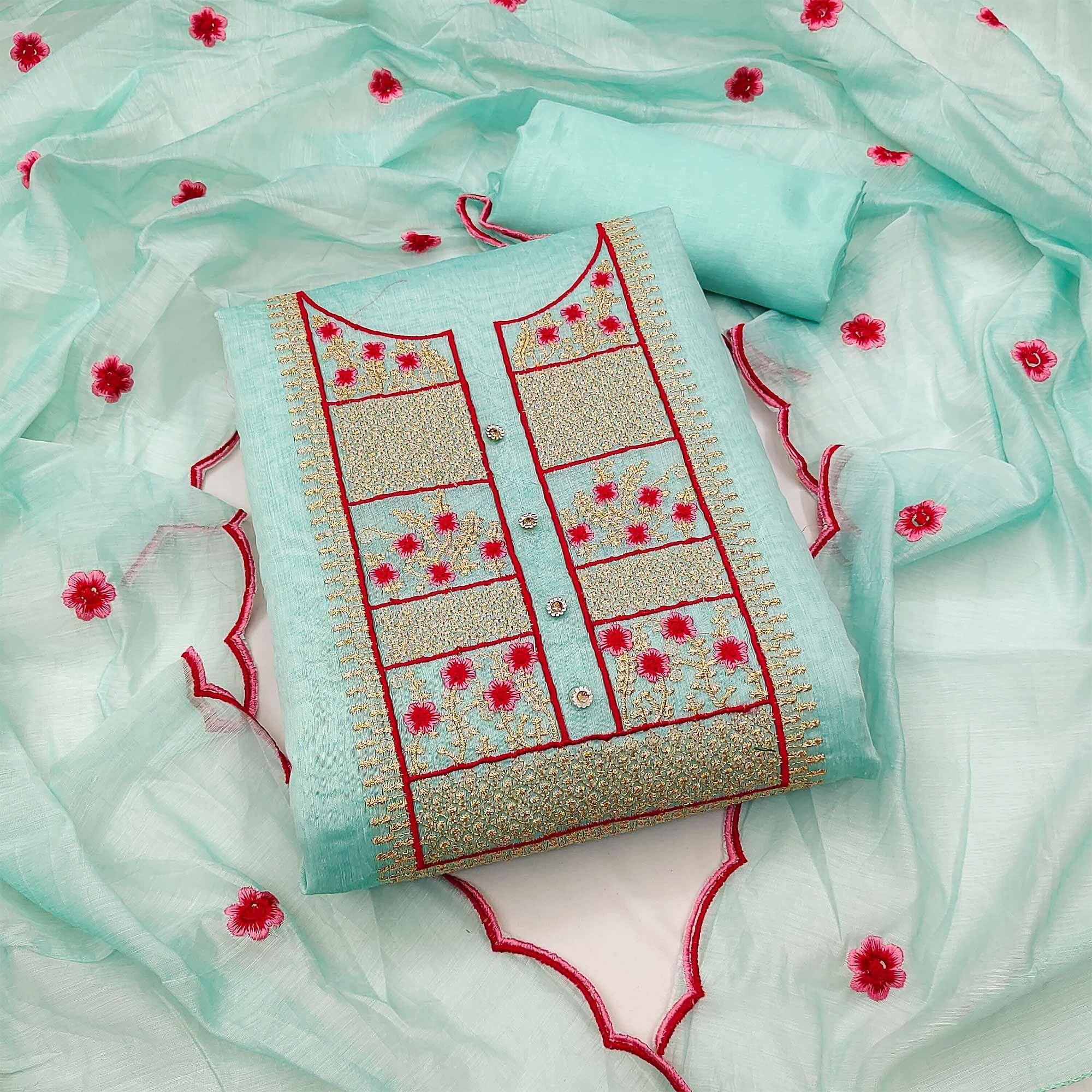 Blue Floral Embroidered Chanderi Dress Material - Peachmode