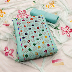 Blue Floral Embroidered Chanderi Dress Material - Peachmode