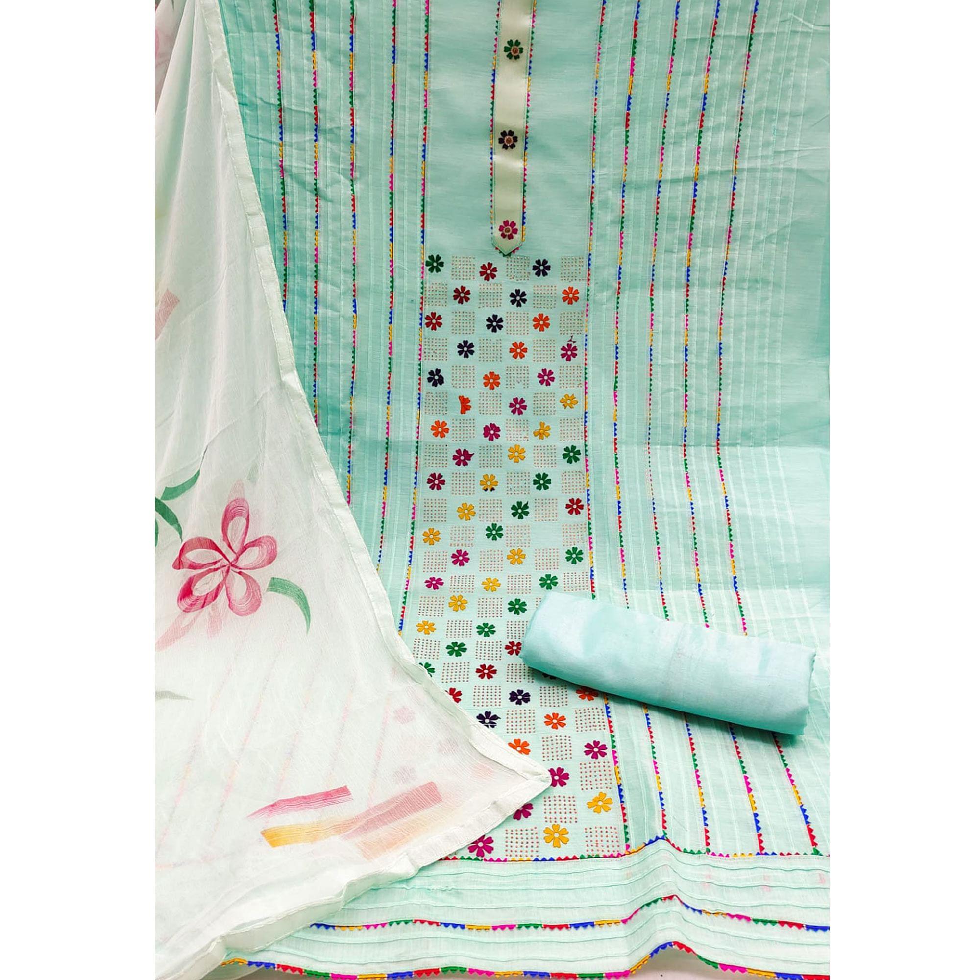 Blue Floral Embroidered Chanderi Dress Material - Peachmode