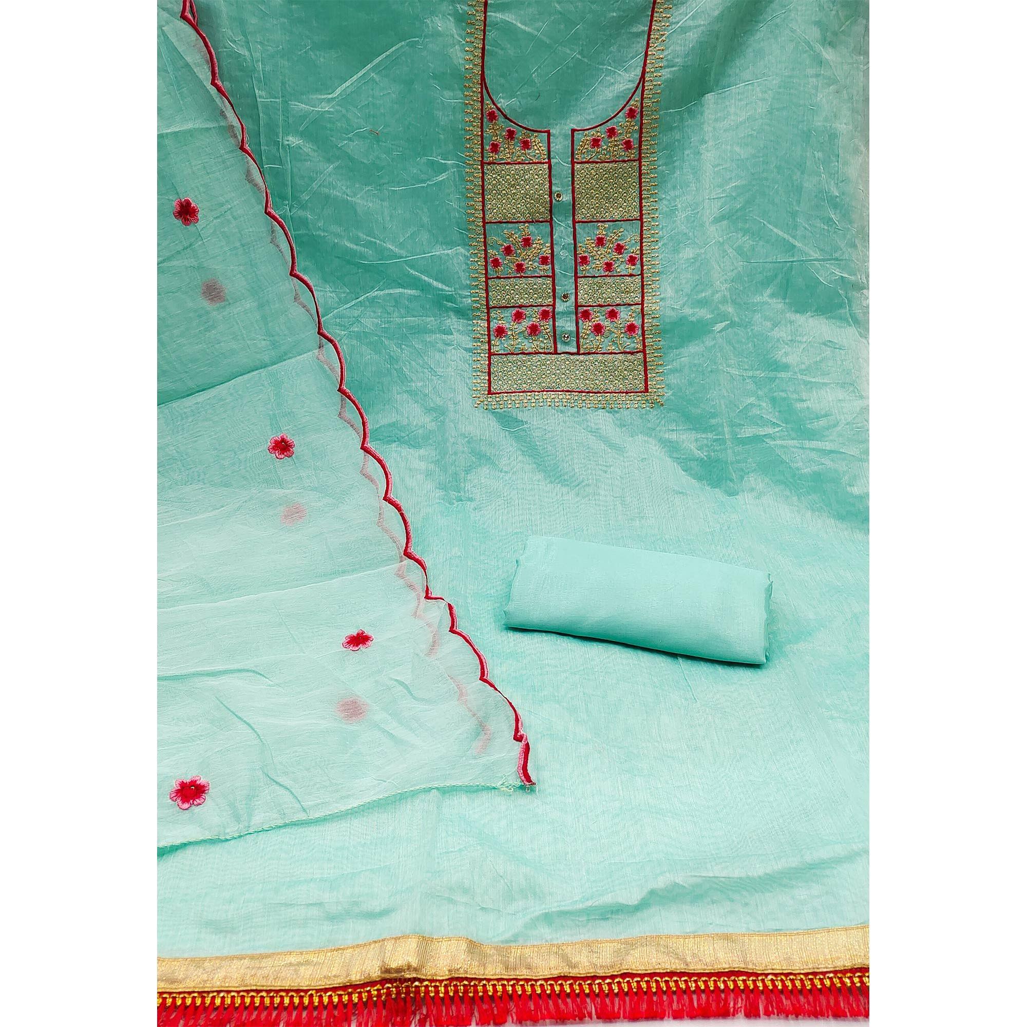 Blue Floral Embroidered Chanderi Dress Material - Peachmode