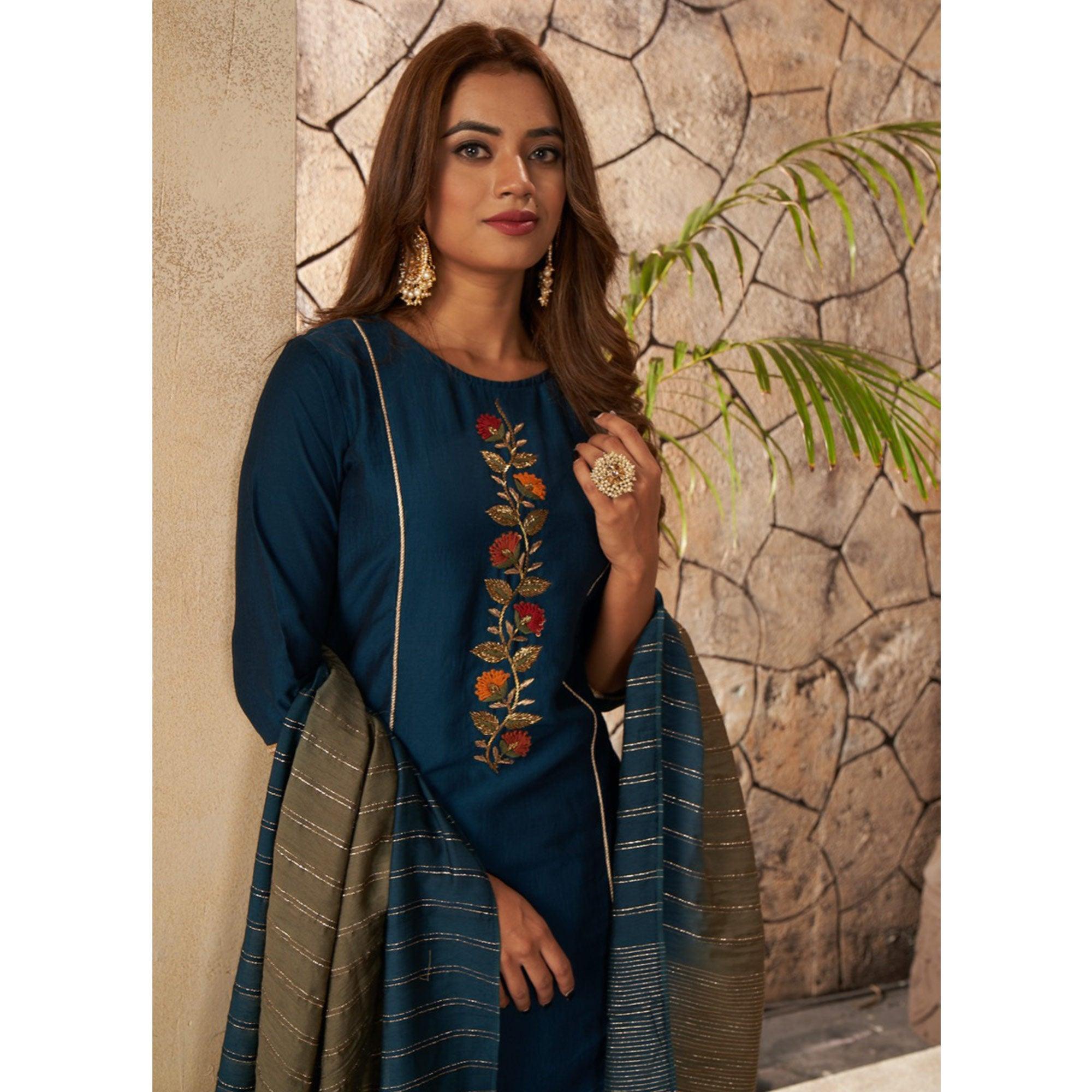 Blue Floral Embroidered Chinon Partywear Suit - Peachmode