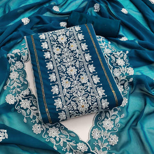 Blue Floral Embroidered Georgette Dress Material - Peachmode