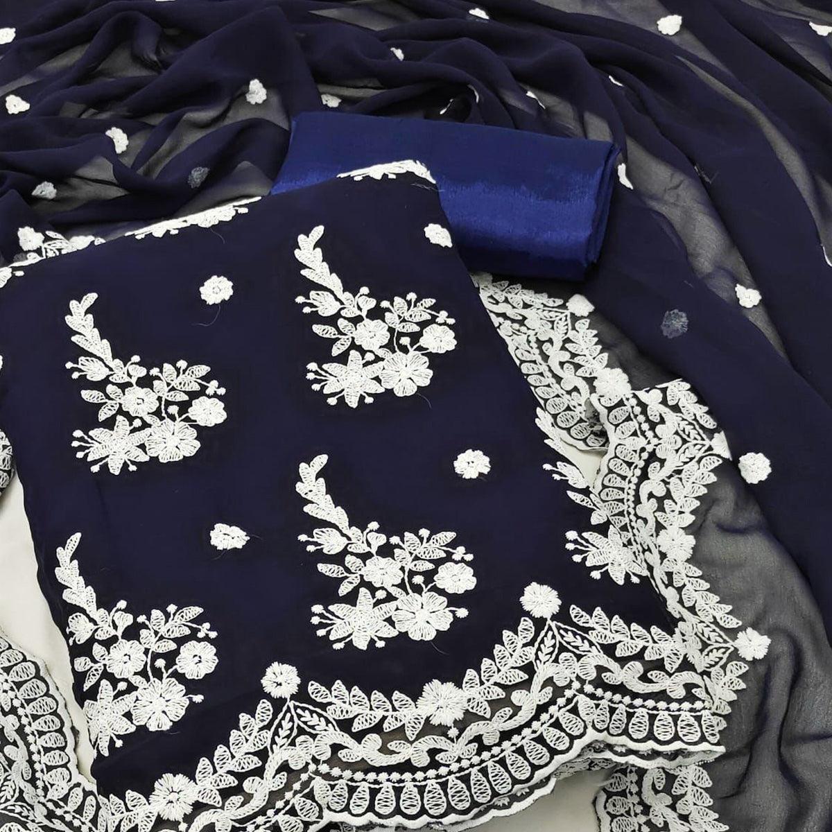 Blue Floral Embroidered Georgette Dress Material - Peachmode