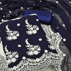 Blue Floral Embroidered Georgette Dress Material - Peachmode