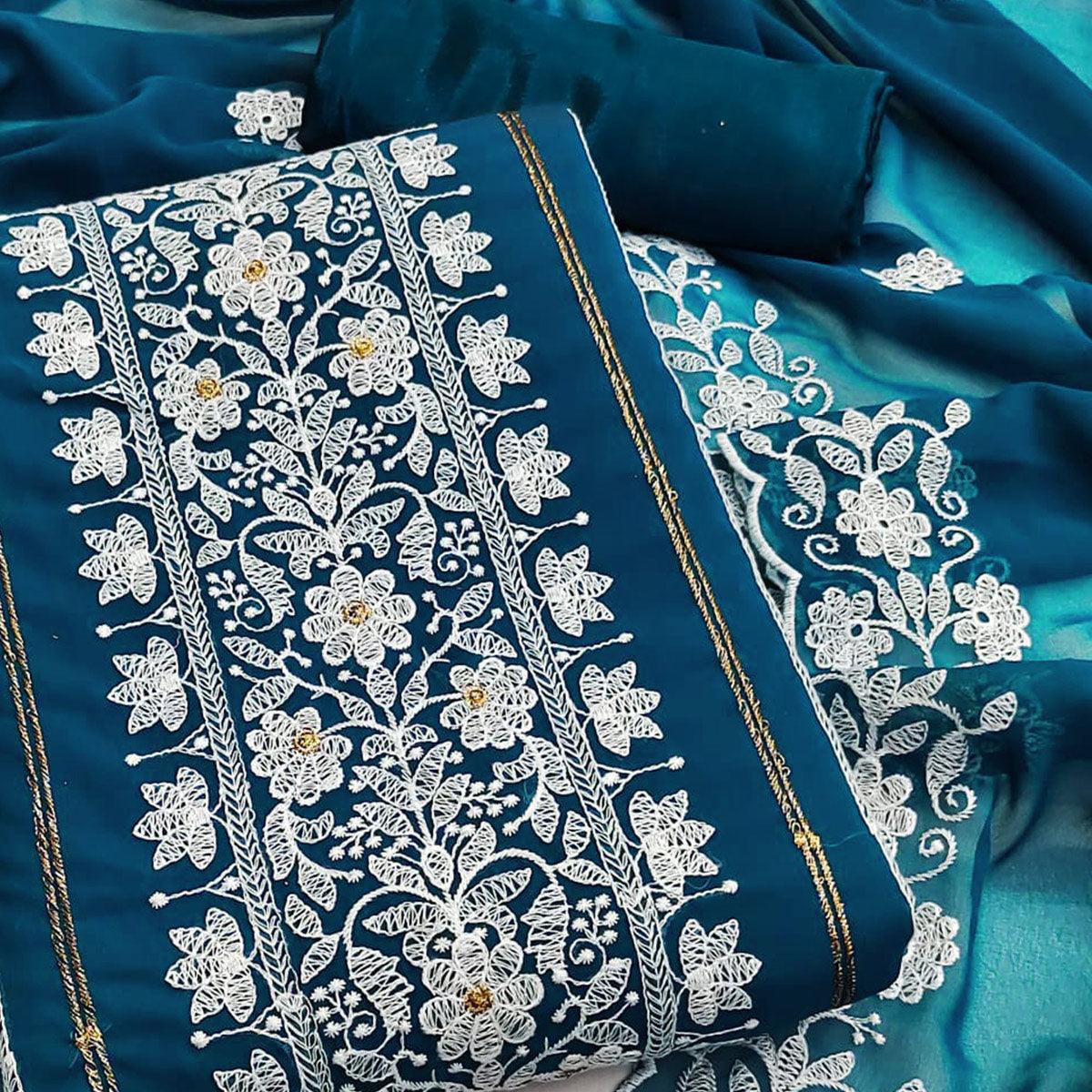 Blue Floral Embroidered Georgette Dress Material - Peachmode