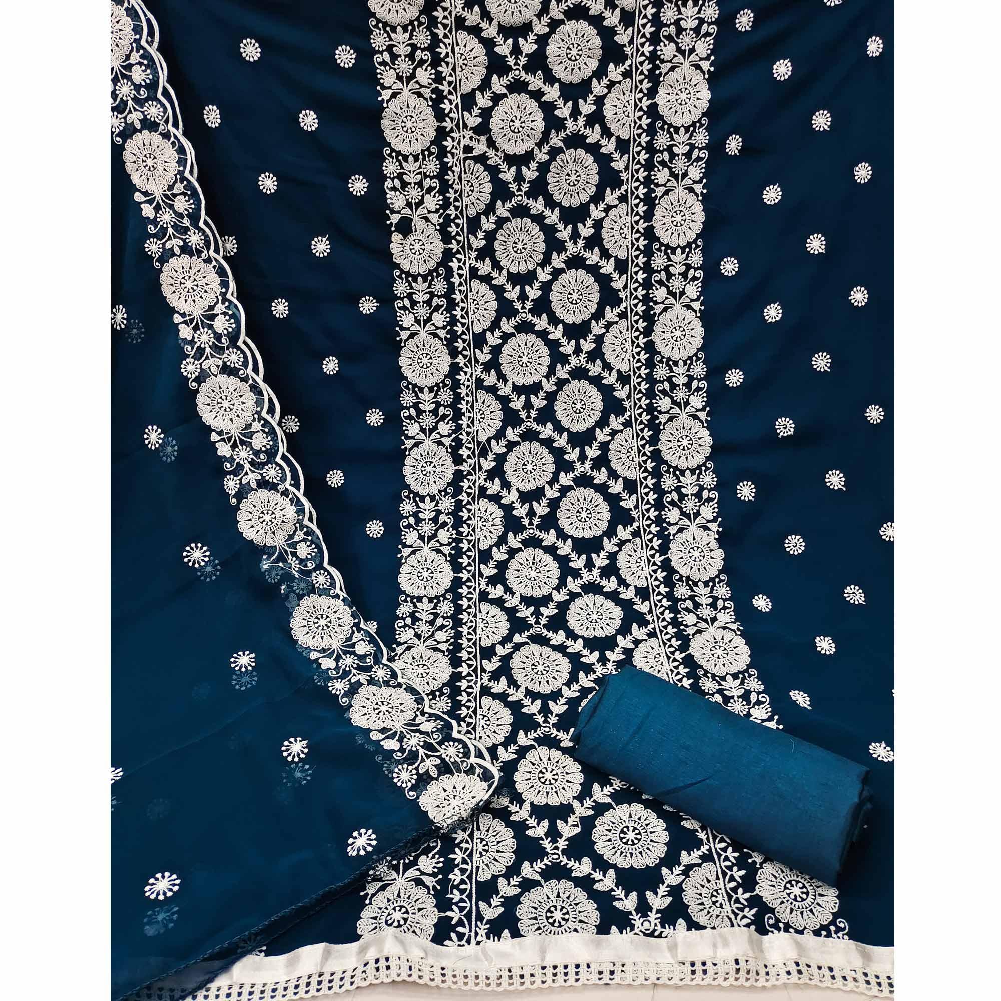 Blue Floral Embroidered Georgette Dress Material - Peachmode