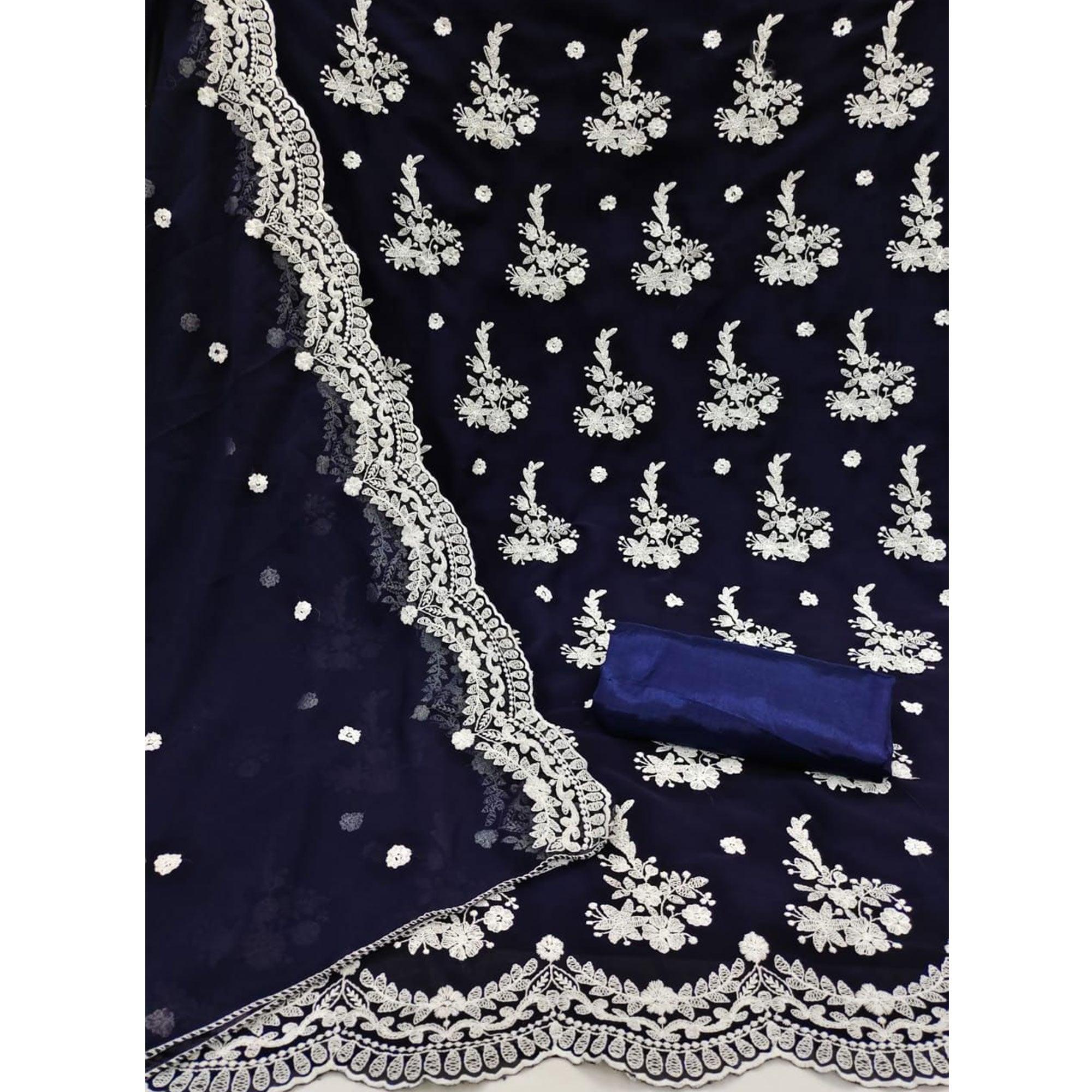 Blue Floral Embroidered Georgette Dress Material - Peachmode