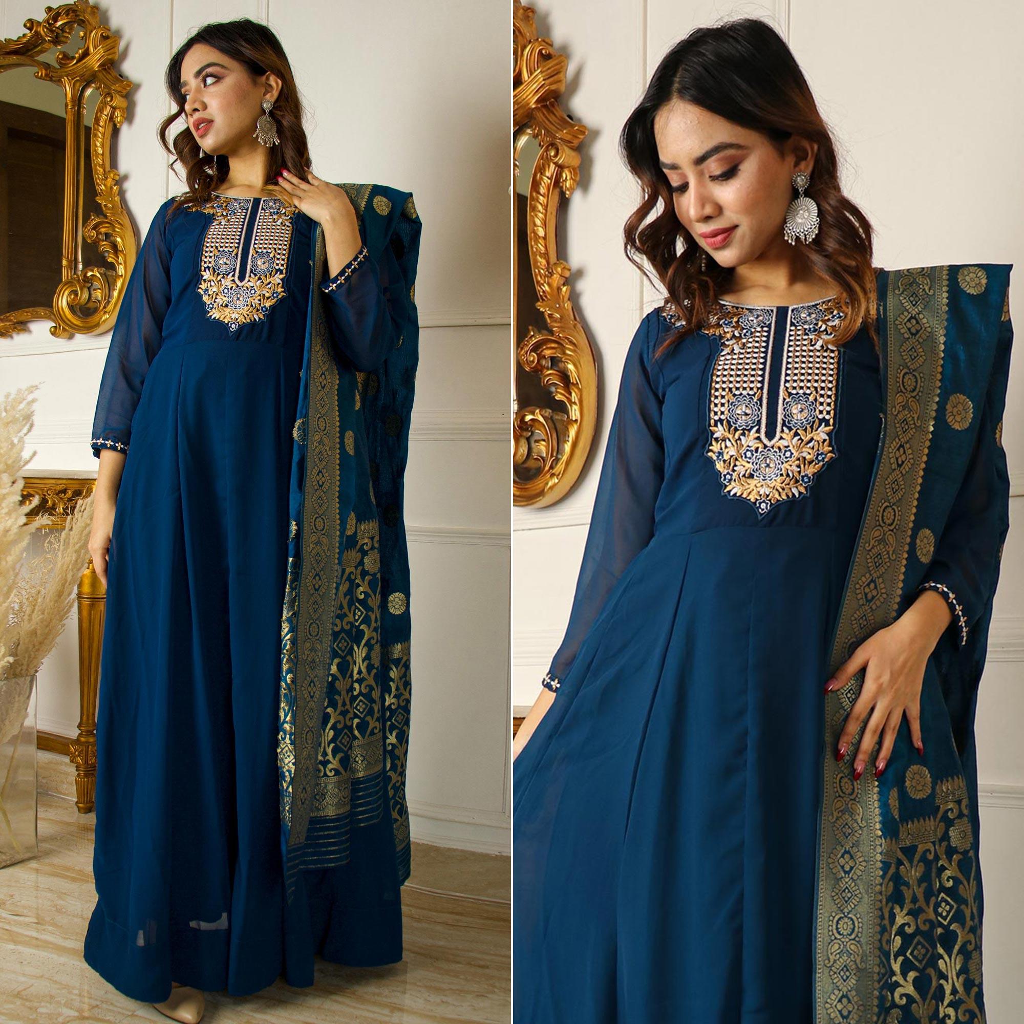Blue Floral Embroidered Georgette Partywear Gown With Dupatta - Peachmode