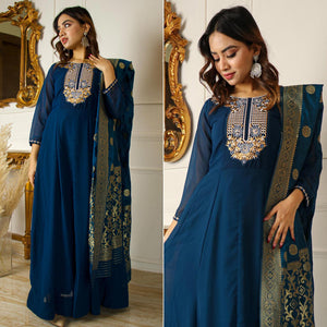 Blue Floral Embroidered Georgette Partywear Gown With Dupatta - Peachmode