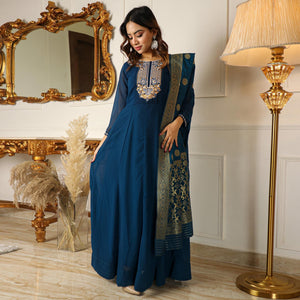 Blue Floral Embroidered Georgette Partywear Gown With Dupatta - Peachmode
