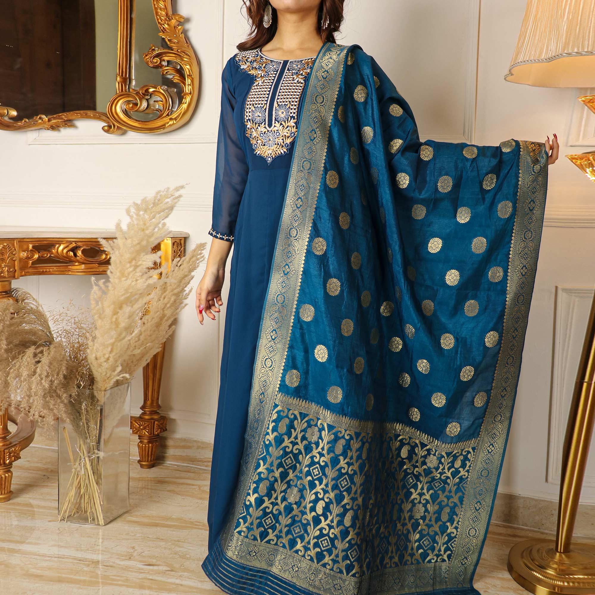 Blue Floral Embroidered Georgette Partywear Gown With Dupatta - Peachmode