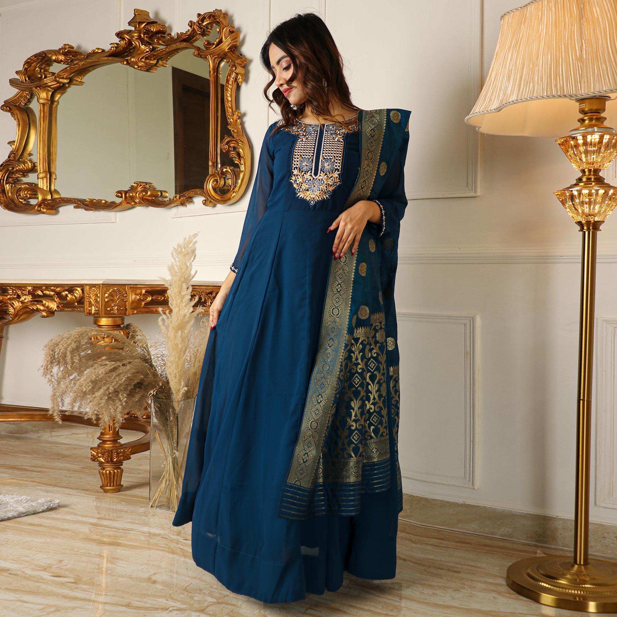 Blue Floral Embroidered Georgette Partywear Gown With Dupatta - Peachmode