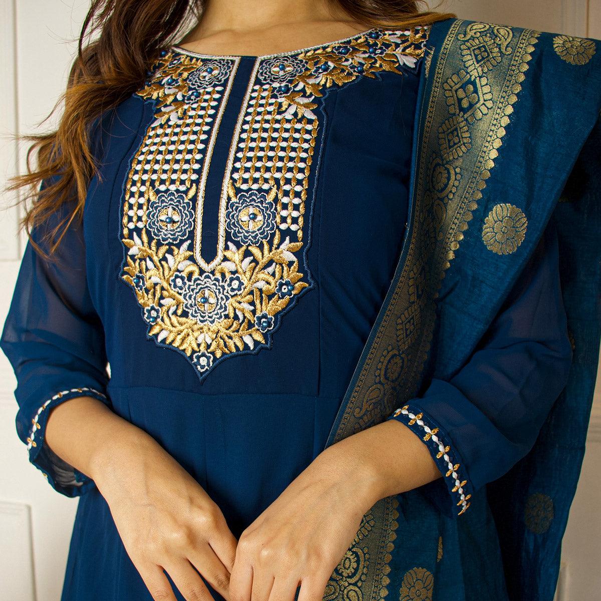 Blue Floral Embroidered Georgette Partywear Gown With Dupatta - Peachmode