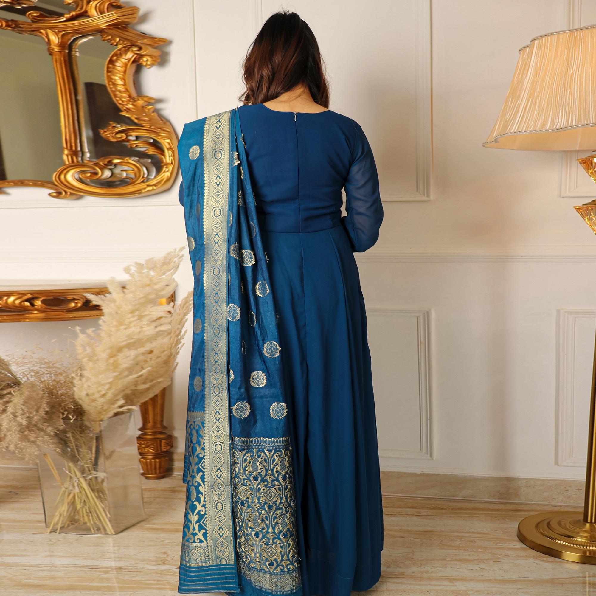 Blue Floral Embroidered Georgette Partywear Gown With Dupatta - Peachmode