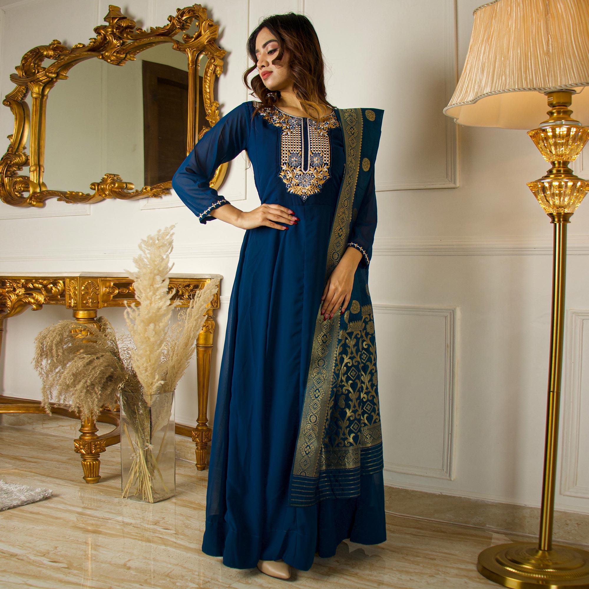 Blue Floral Embroidered Georgette Partywear Gown With Dupatta - Peachmode
