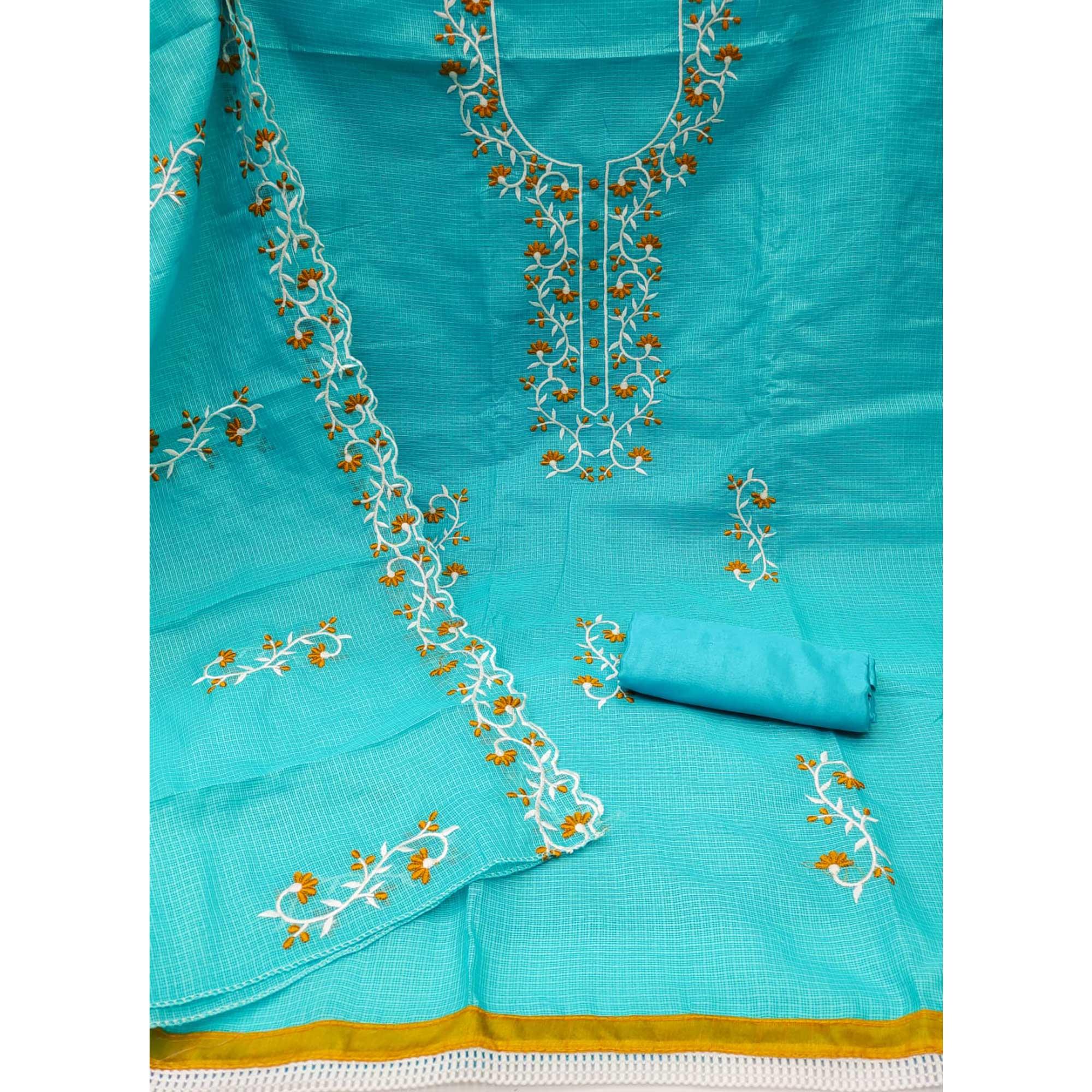 Blue Floral Embroidered Kota Doria Dress Material - Peachmode