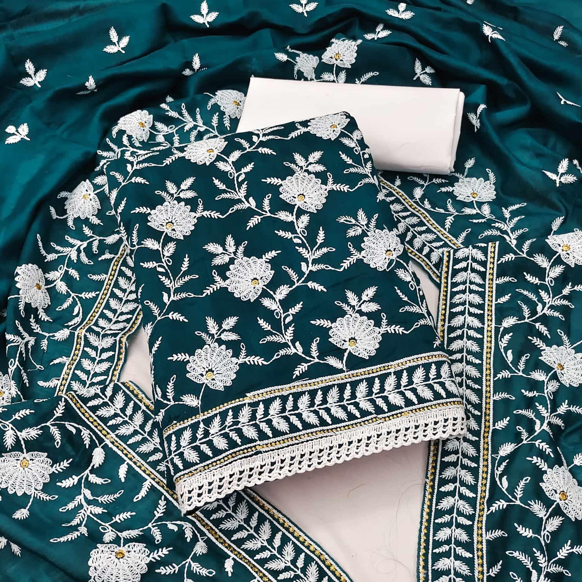 Blue Floral Embroidered Muslin Dress Material - Peachmode