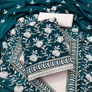 Blue Floral Embroidered Muslin Dress Material - Peachmode