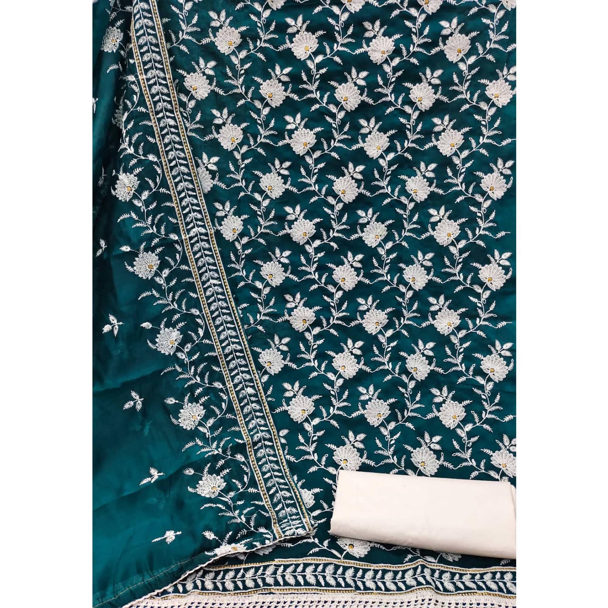 Blue Floral Embroidered Muslin Dress Material - Peachmode