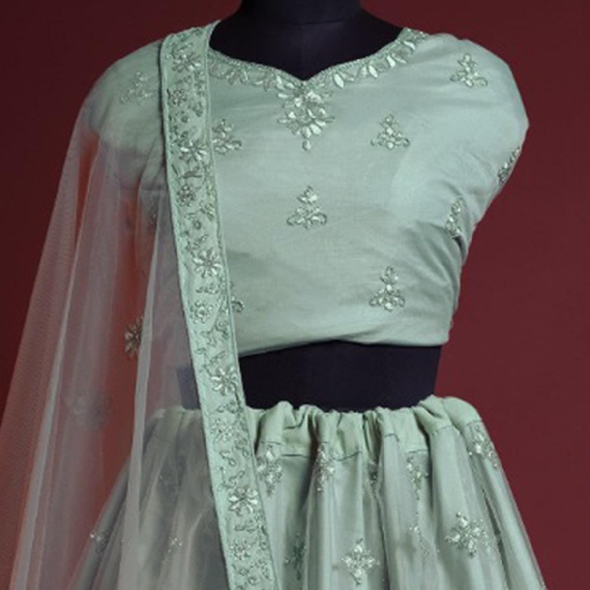 Blue Floral Embroidered Net Lehenga Choli - Peachmode