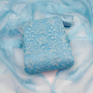 Blue Floral Embroidered Organza Dress Material - Peachmode