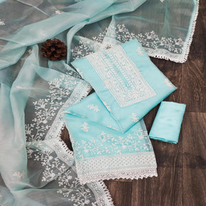 Blue Floral Embroidered Organza Dress Material - Peachmode