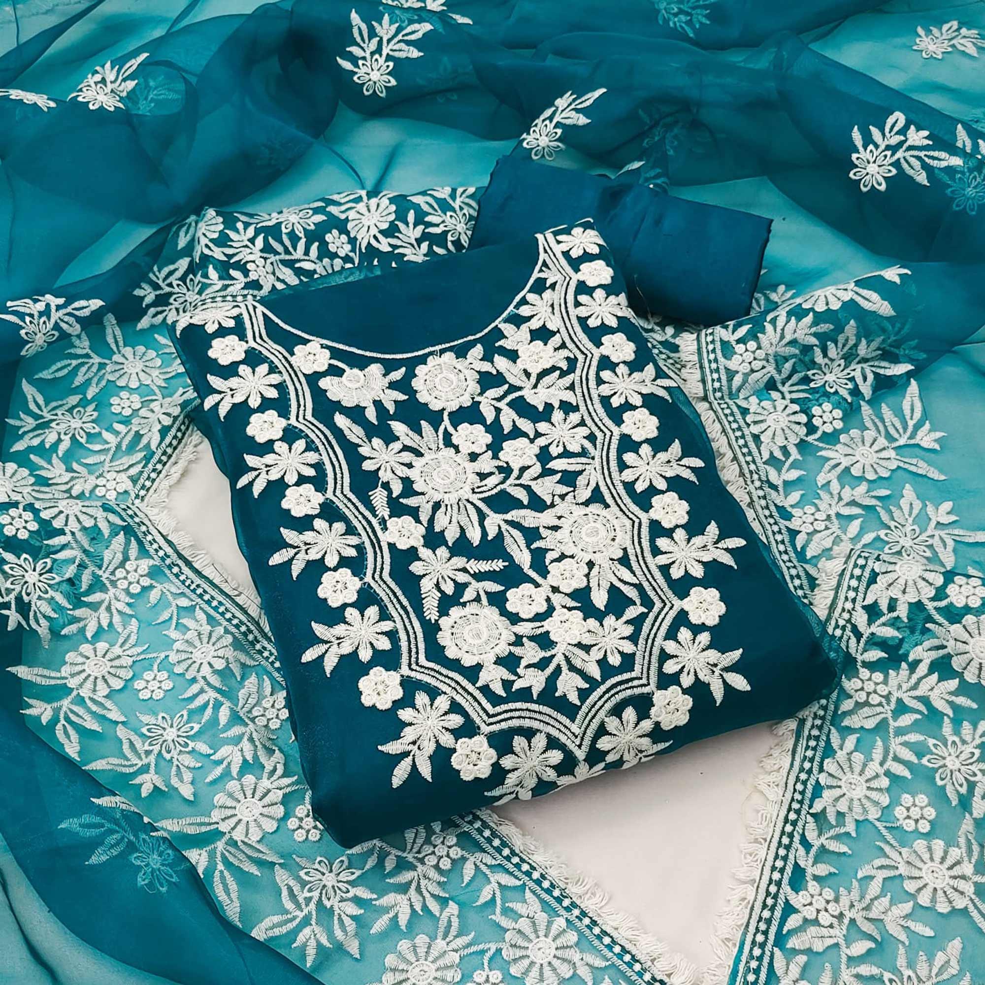 Blue Floral Embroidered Organza Dress Material - Peachmode