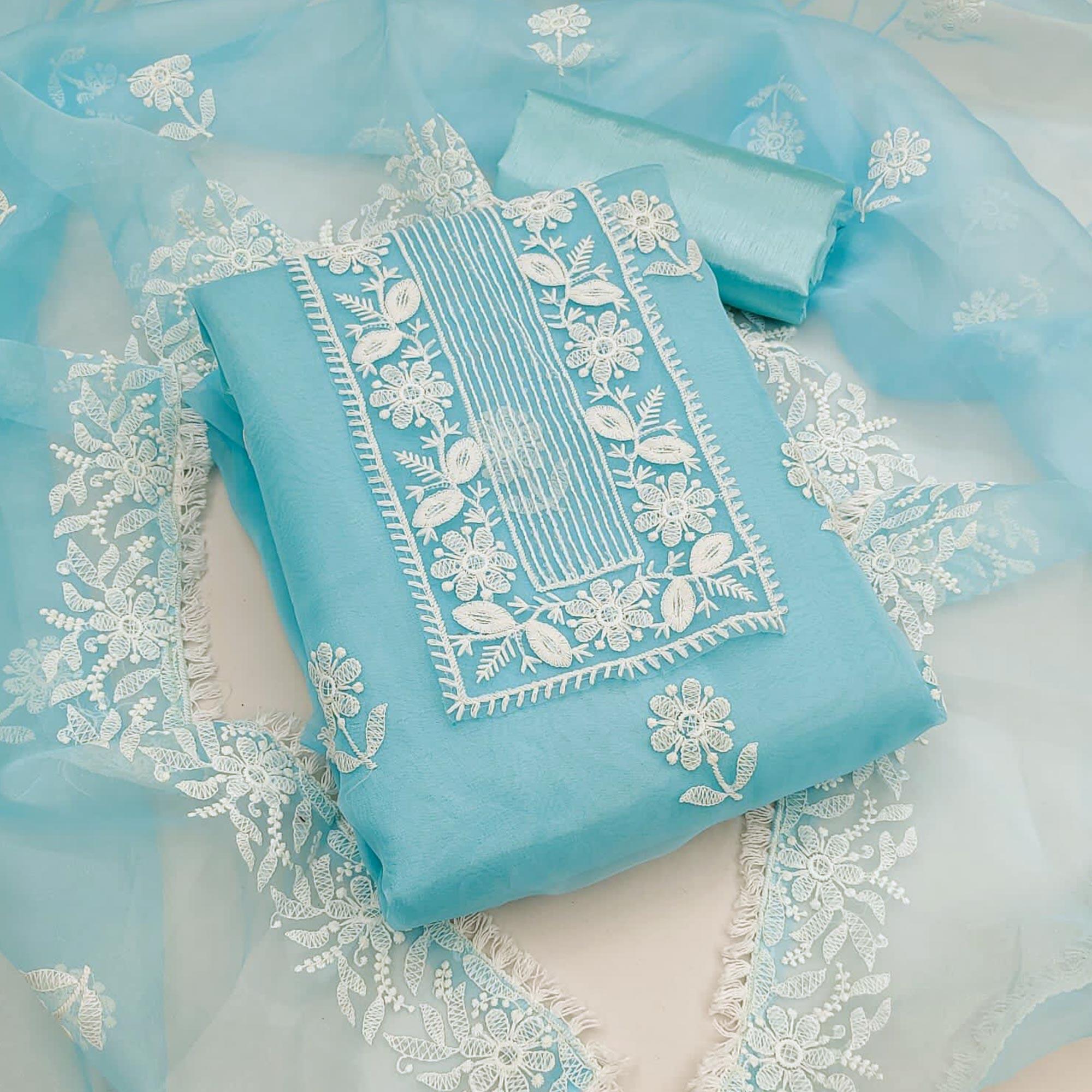 Blue Floral Embroidered Organza Dress Material - Peachmode