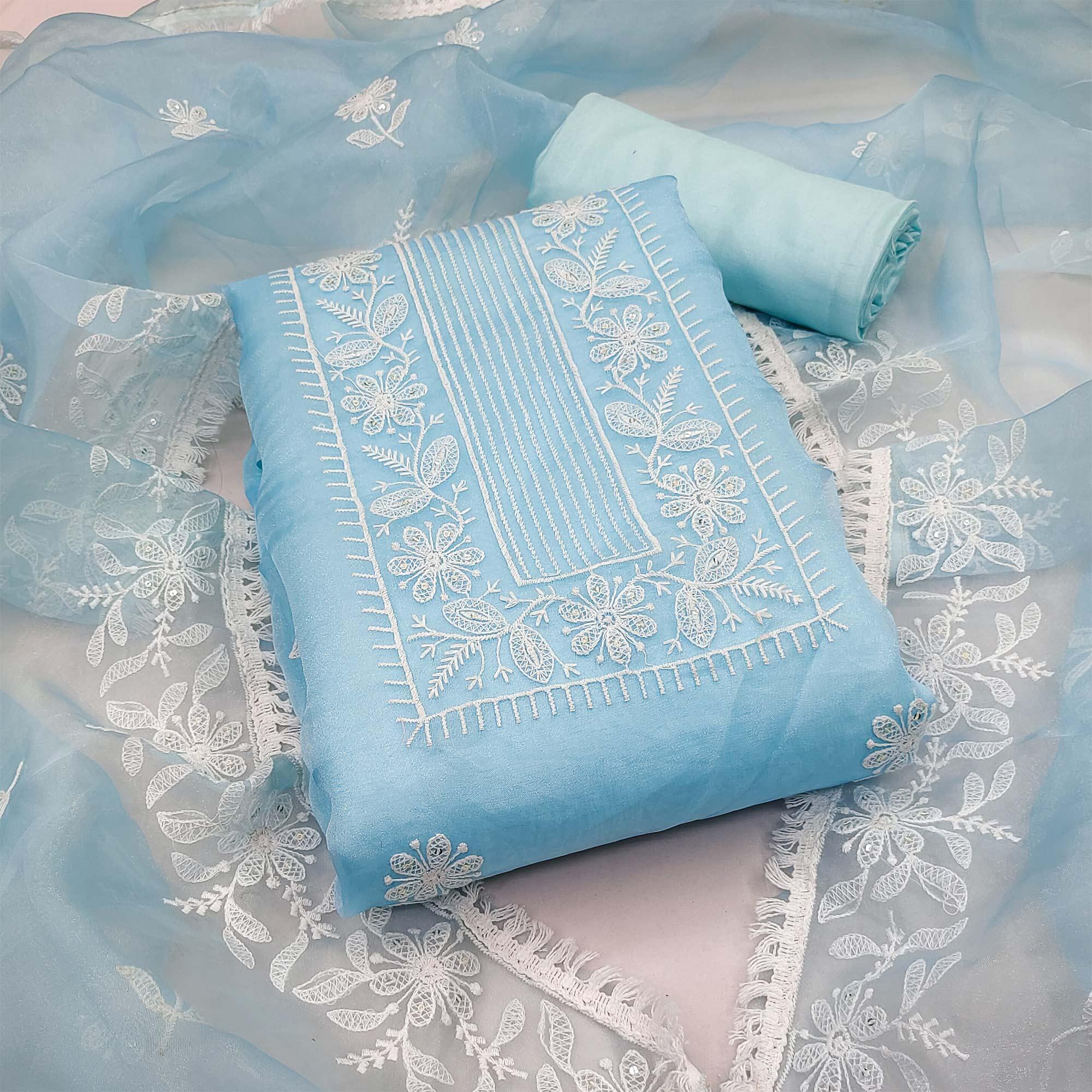 Blue Floral Embroidered Organza Dress Material - Peachmode
