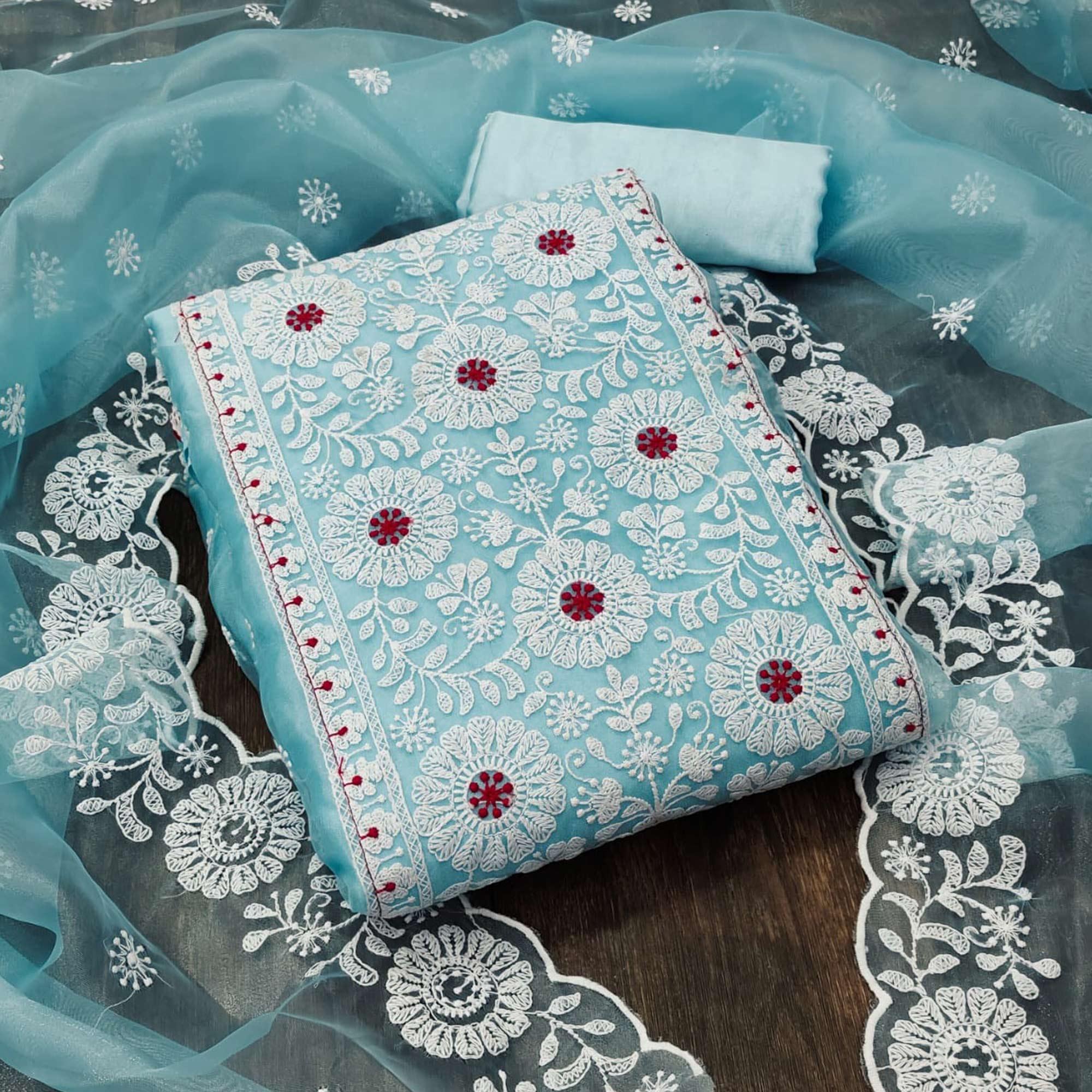 Blue Floral Embroidered Organza Dress Material - Peachmode