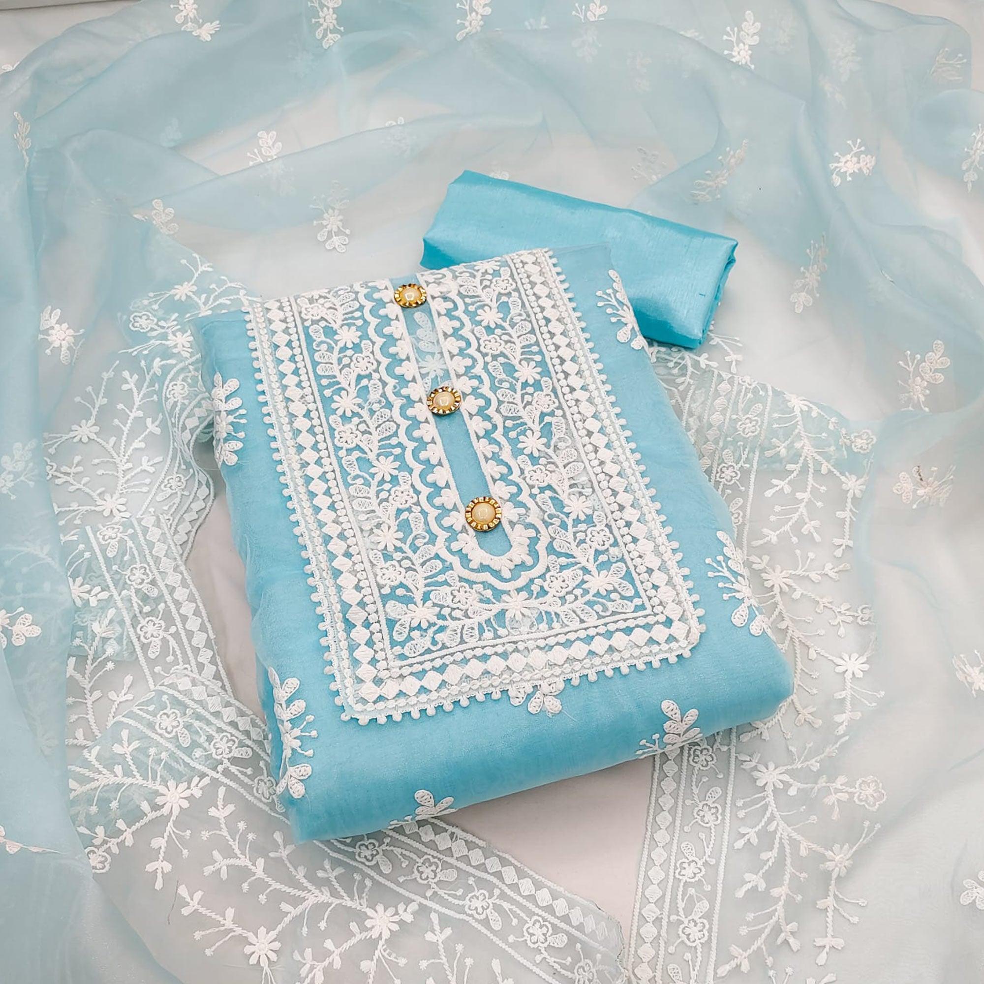 Blue Floral Embroidered Organza Dress Material - Peachmode