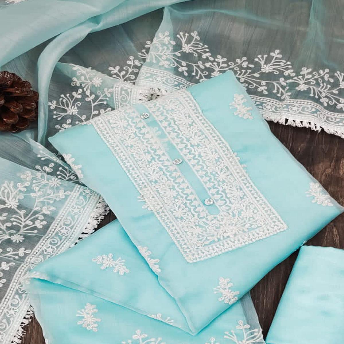 Blue Floral Embroidered Organza Dress Material - Peachmode