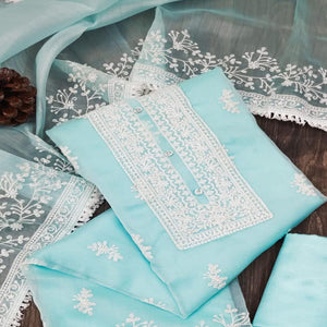 Blue Floral Embroidered Organza Dress Material - Peachmode