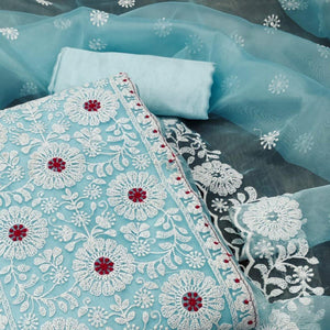 Blue Floral Embroidered Organza Dress Material - Peachmode