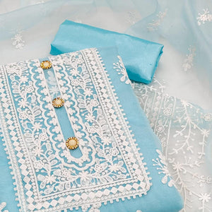 Blue Floral Embroidered Organza Dress Material - Peachmode