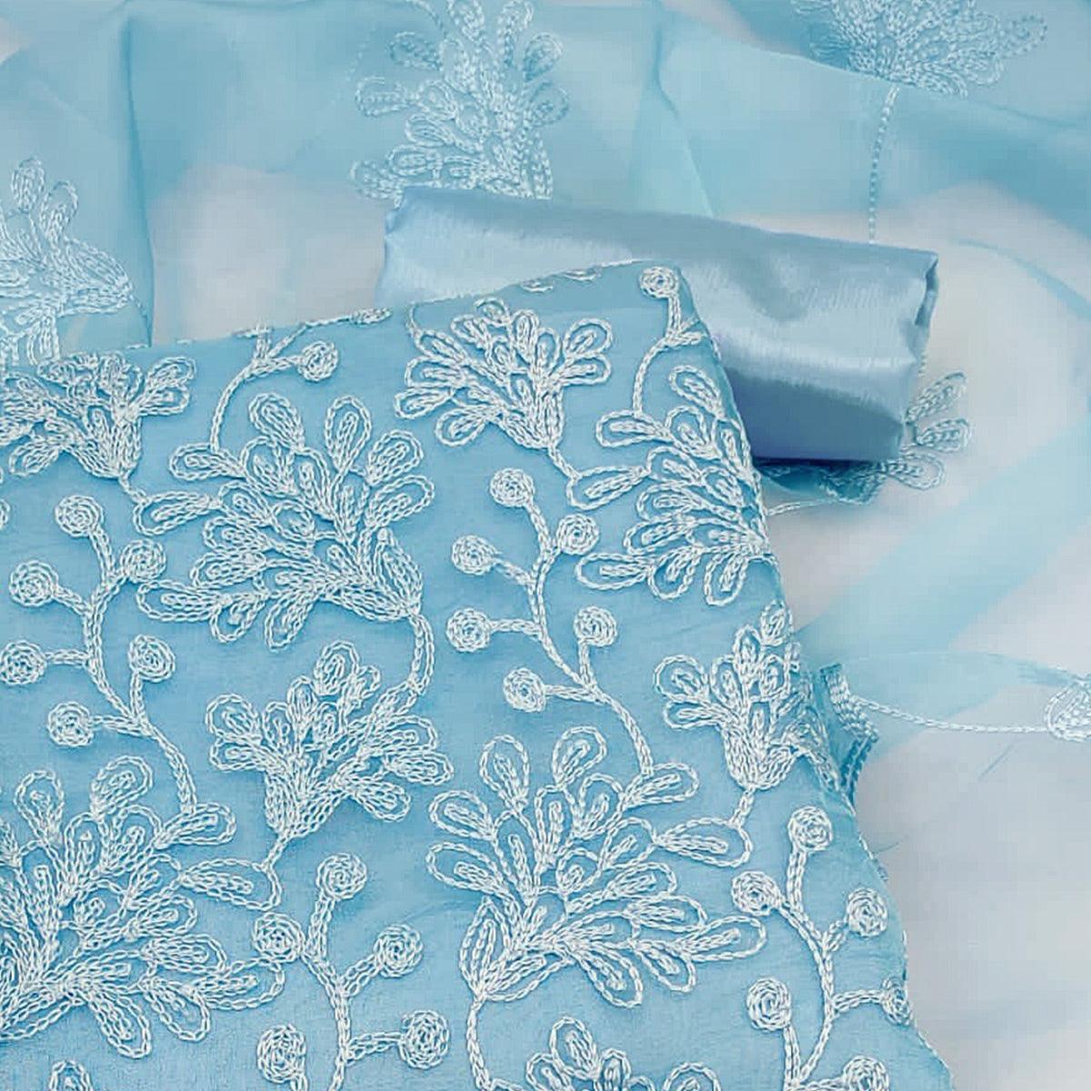 Blue Floral Embroidered Organza Dress Material - Peachmode