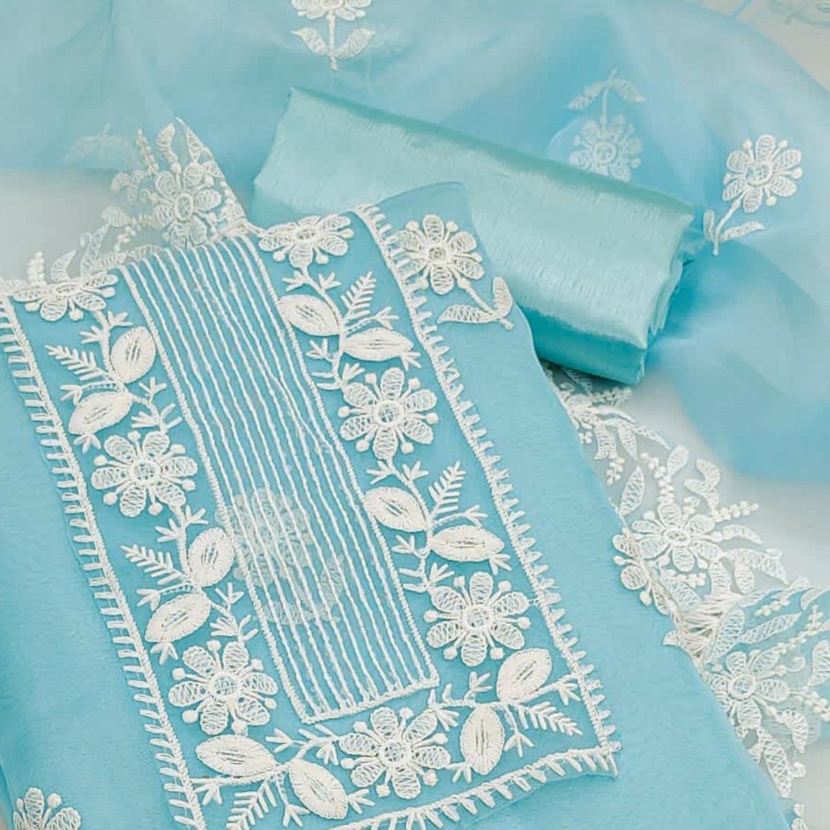 Blue Floral Embroidered Organza Dress Material - Peachmode