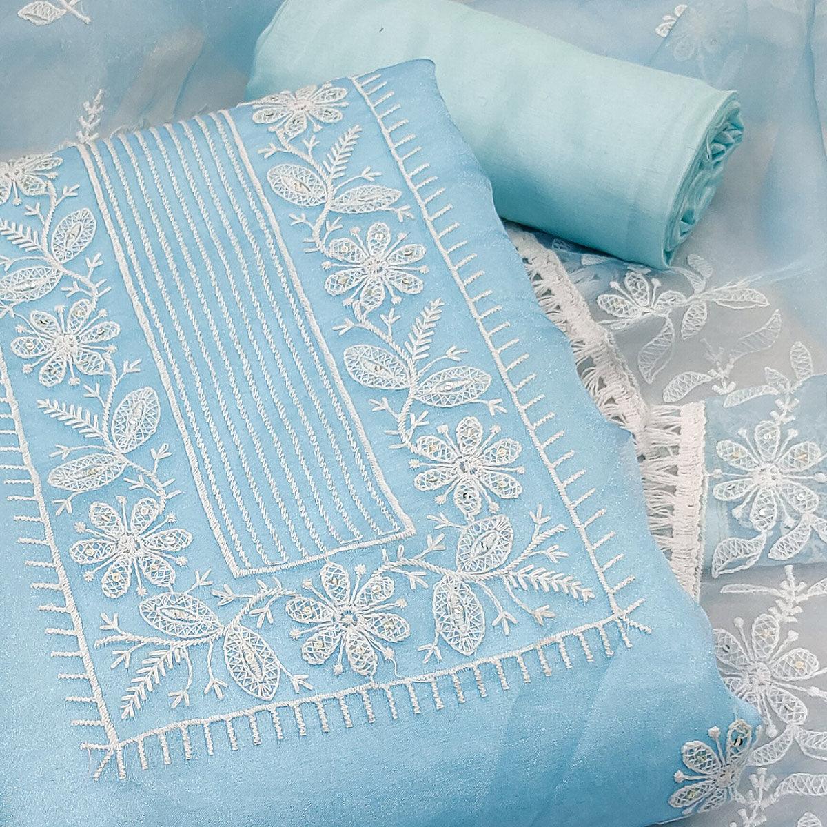 Blue Floral Embroidered Organza Dress Material - Peachmode
